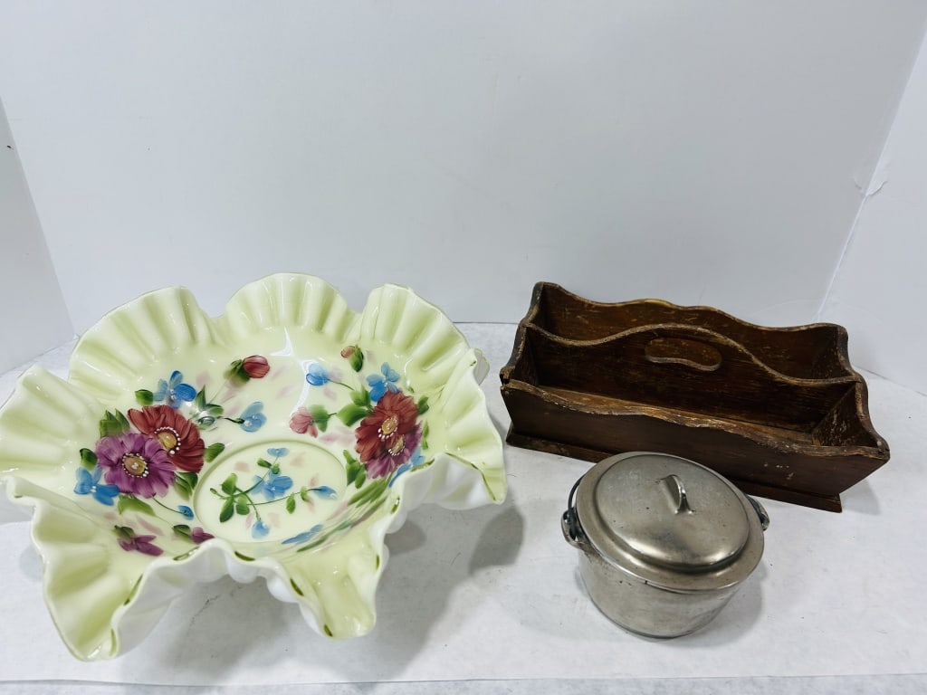 A Trio of Vintage Items Including a Hand-Painted Ruffled Glass Bowl, a Wooden Caddy, and a Lidded (1 of 5)