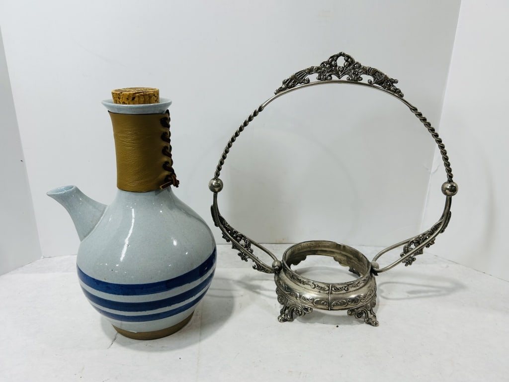 Two Items: Artisanal Pottery Jug and Ornate Silver-Plated Stand (1 of 4)