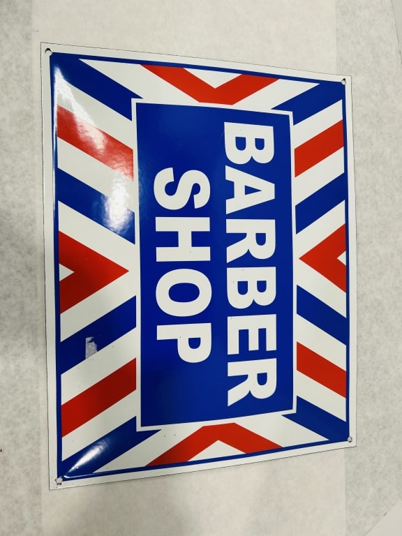 Rectangular Porcelain Enamel Barber Shop Sign: This is a contemporary rectangular porcelain enamel advertising sign for a barber shop. The sign is constructed from heavy-gauge metal with a glossy porcelain enamel finish applied to both sides. The 