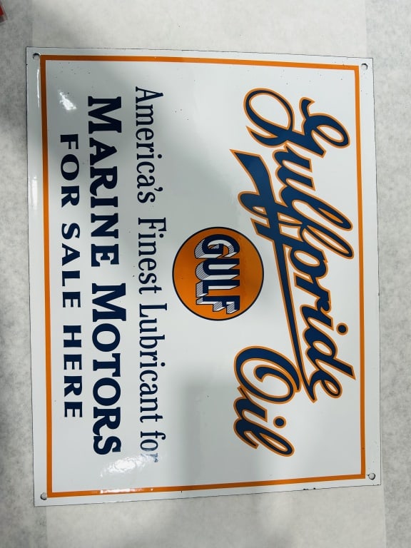 Single-Sided Gulfpride Oil Marine Motors Advertising Sign: This is a Gulfpride Oil Marine Motors advertising sign, designed for use by retailers of Gulf Oil marine lubricants. The sign is constructed of porcelain enamel on a metal plate. The graphics feature 