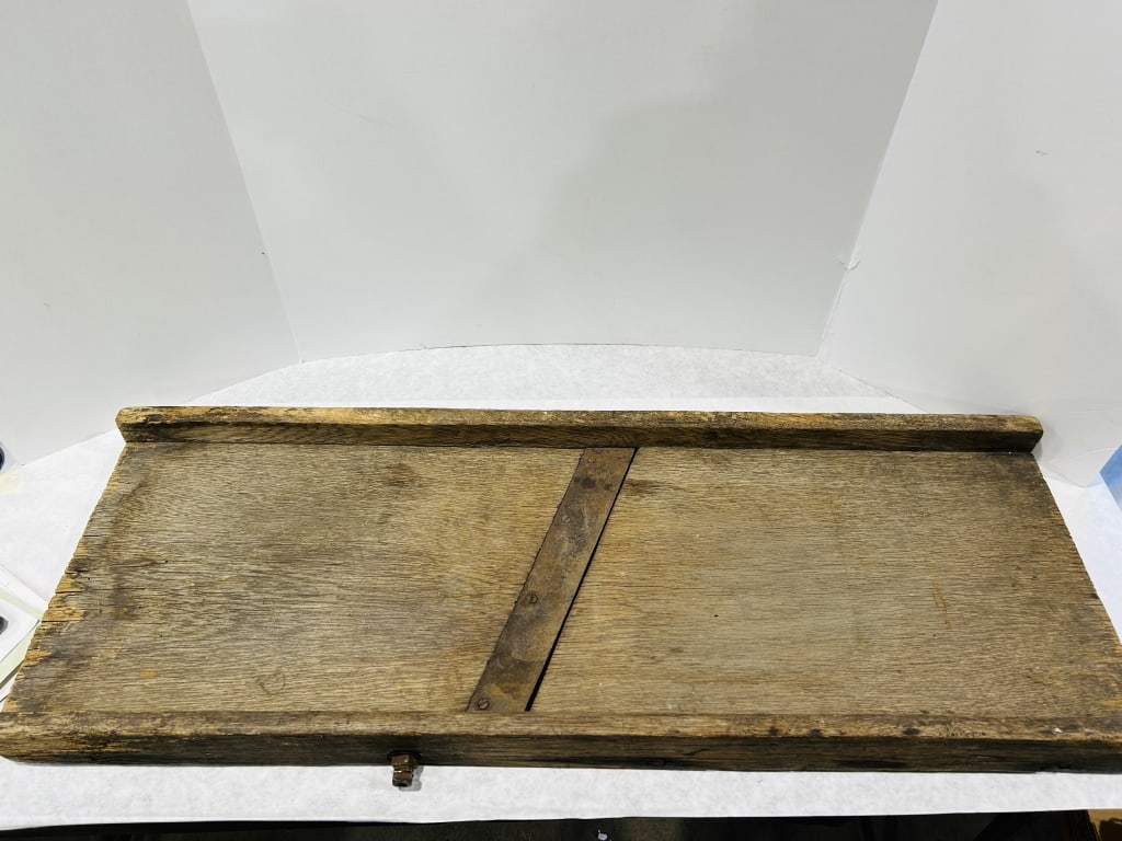Two Items Including a Fenton Carnival Glass Bowl and a Primitive Wooden Cabbage Slicer (1 of 6)