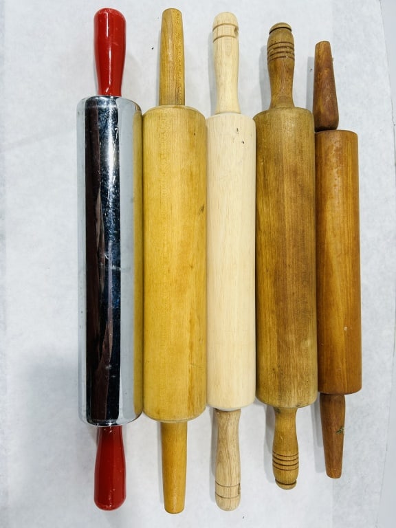 A Set of Five Vintage Kitchen Rolling Pins including Chrome and Various Hardwoods (1 of 2)
