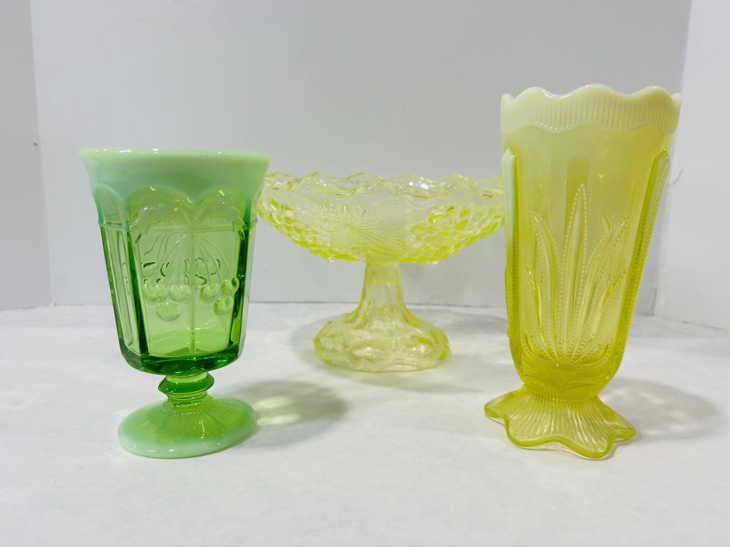 Three Pieces of Uranium Glass Tableware Including Cherry and Cactus Patterns (1 of 6)