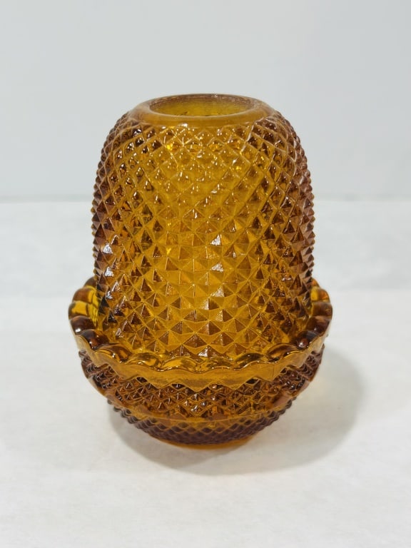 Vintage Indiana Glass Amber Diamond Point Two-Piece Fairy Lamp: This is a vintage two-piece pressed glass candle lamp, commonly referred to as a fairy lamp, produced by the Indiana Glass Company. The set features the Diamond Point pattern, characterized by a dense