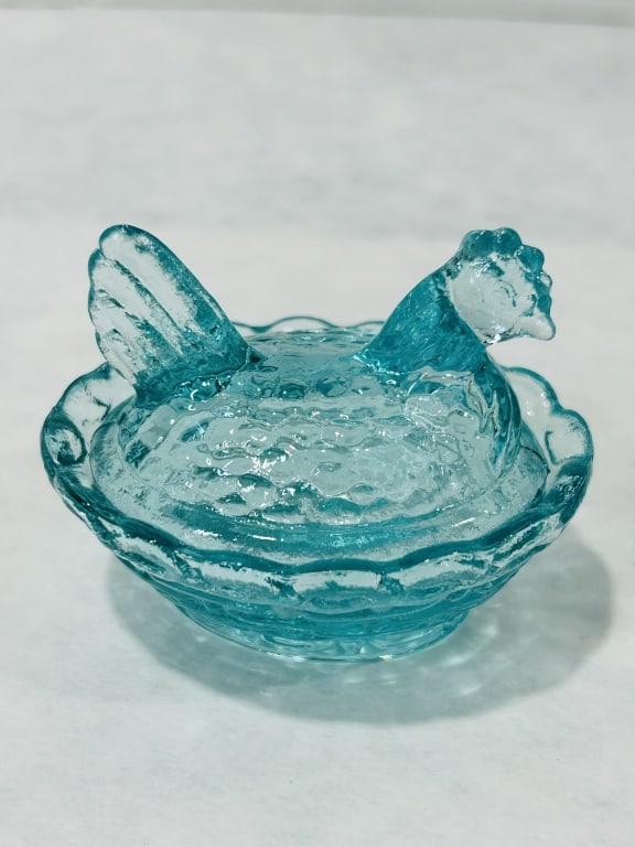 Imperial Glass Company Aqua Blue Glass Mini Hen on Nest Salt Cellar: A vintage two-piece pressed glass lidded dish in the popular Hen on Nest pattern, manufactured by the Imperial Glass Company. This small-scale version is traditionally used as a salt cellar or trinket