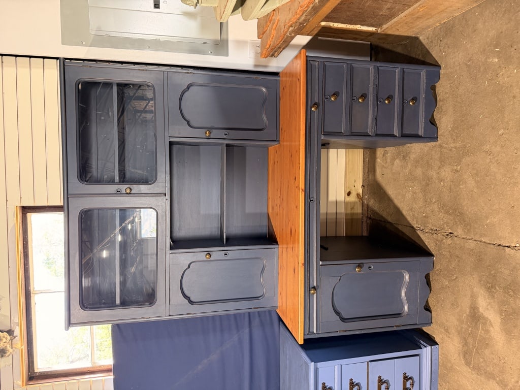 Colonial Revival Style Two Part Pedestal Hutch Desk with Blue Painted Finish and Natural Wood Top (1 of 2)