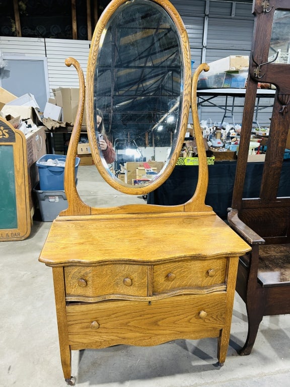 American Late Victorian Golden Oak Serpentine Dresser with Oval Wishbone Mirror (1 of 3)