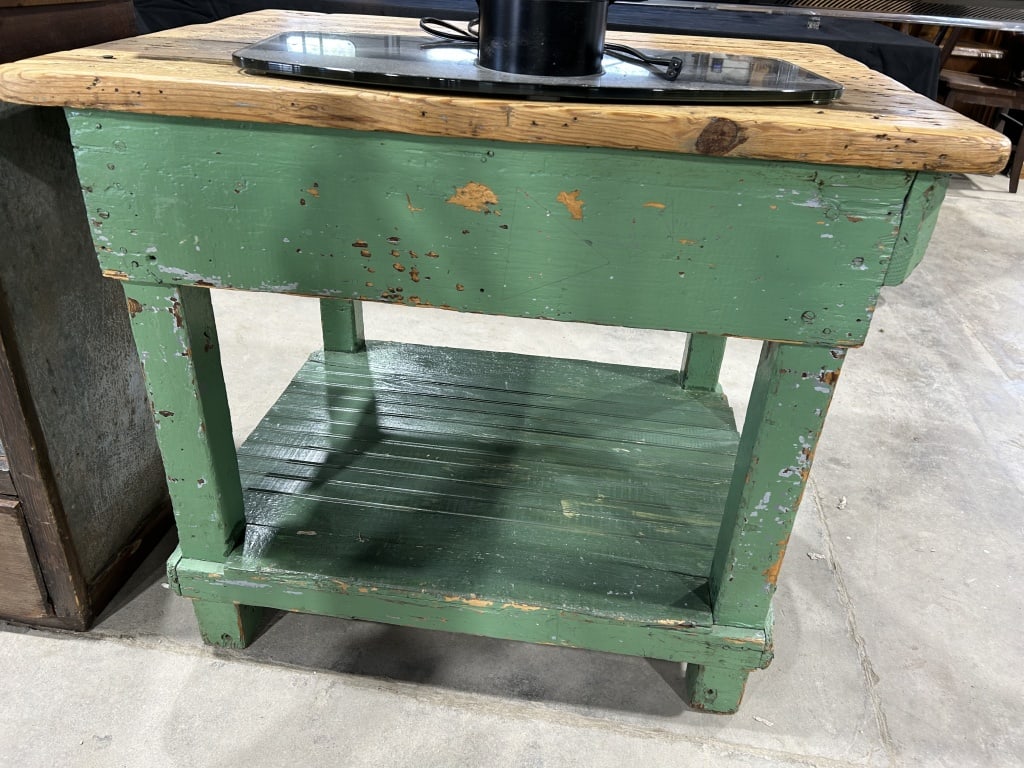 Primitive American Wood Work Table with Green Painted Base (1 of 2)