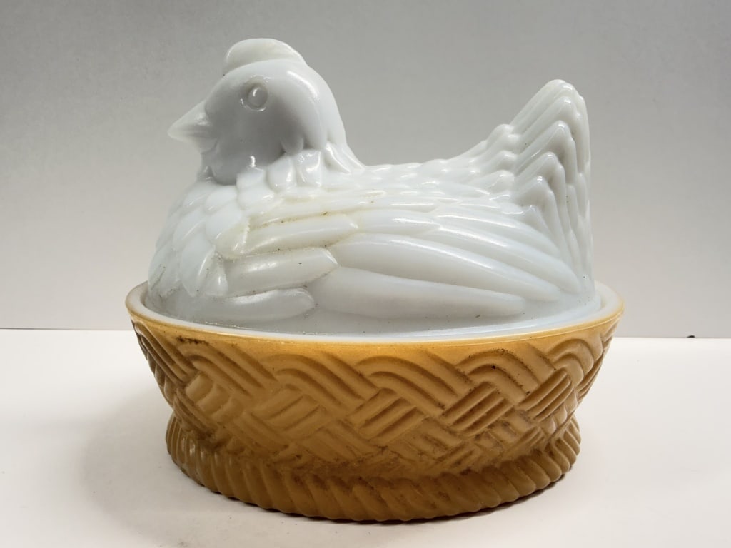 VTG AVON MILK GLASS HEN ON NEST: This vintage covered dish is a Hen on Nest pattern manufactured for Avon. The two-piece set features a lid made of white opaque milk glass molded in the shape of a sitting hen with detailed feathering
