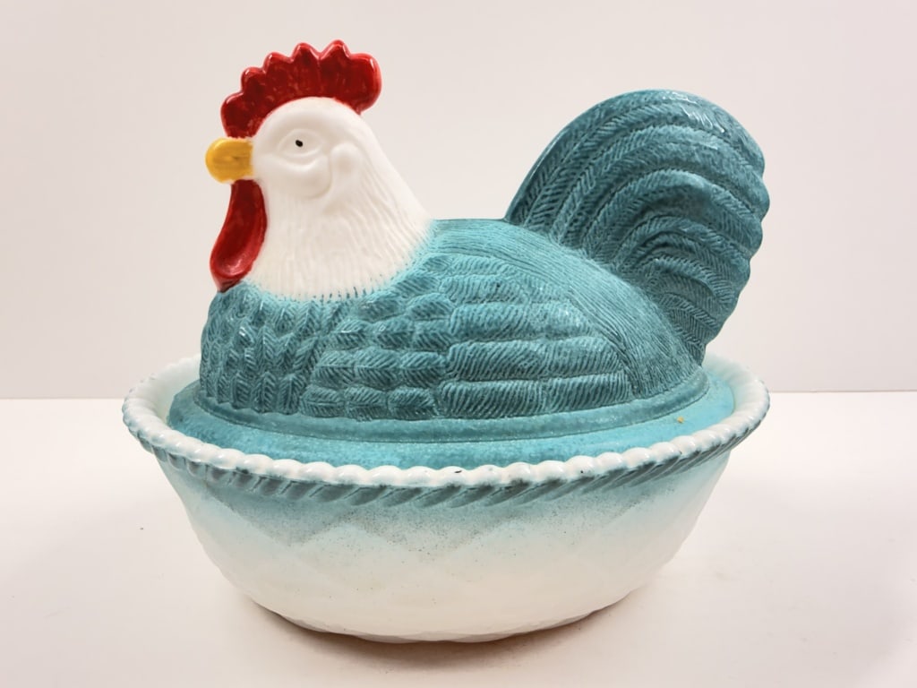 MOSSER X ROSSO TEAL ROOSTER ON NEST: Approx 6 in