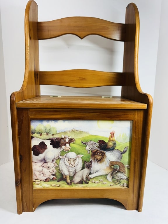 Collections Etc. Contemporary Pine High-Back Storage Bench with Farm Animal Print (1 of 7)