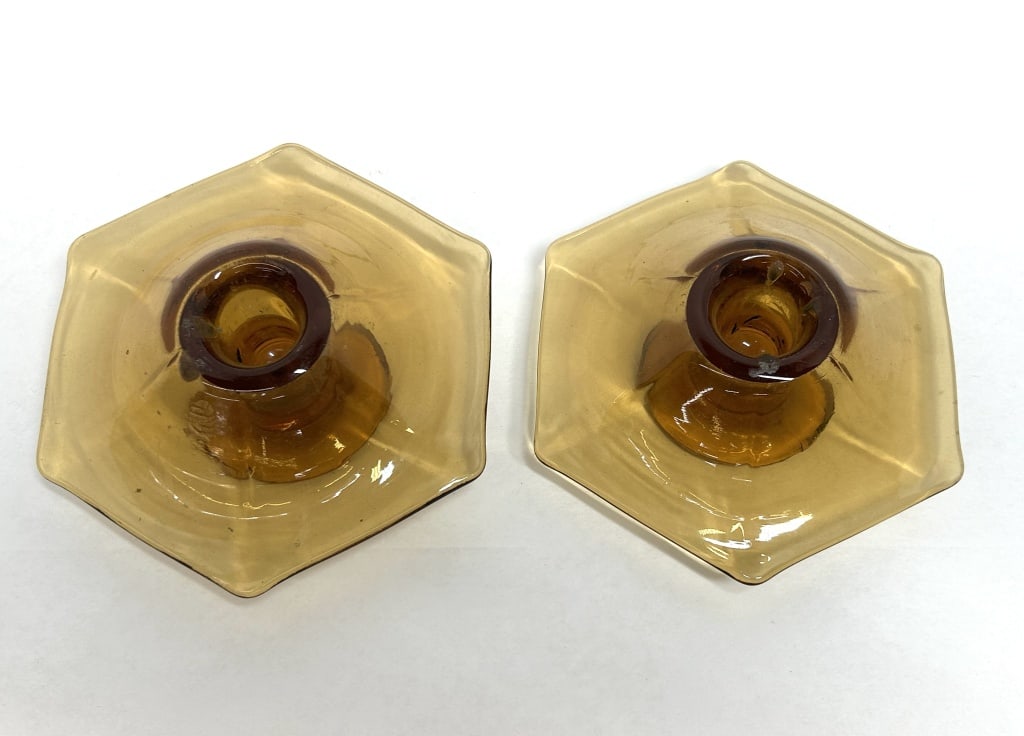 PAIR OF AMBER GLASS CANDLESTICKS (1 of 5)