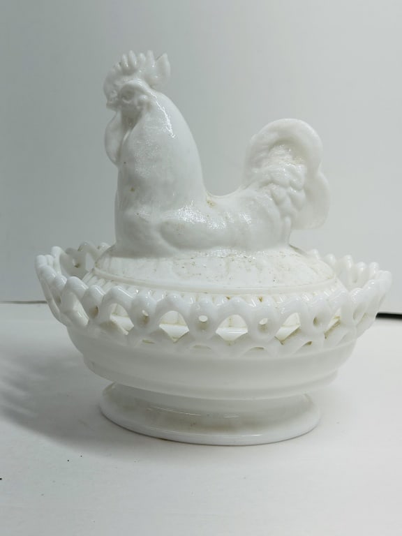 IMPERIAL MILK GLASS ROOSTER DISH, MID-20TH CENTURY: Mid-20th-century covered dish produced by Imperial Glass Company in opaque white milk glass, featuring a molded rooster finial and a decorative lace edge rim. The embossed Imperial IG mark is visible 