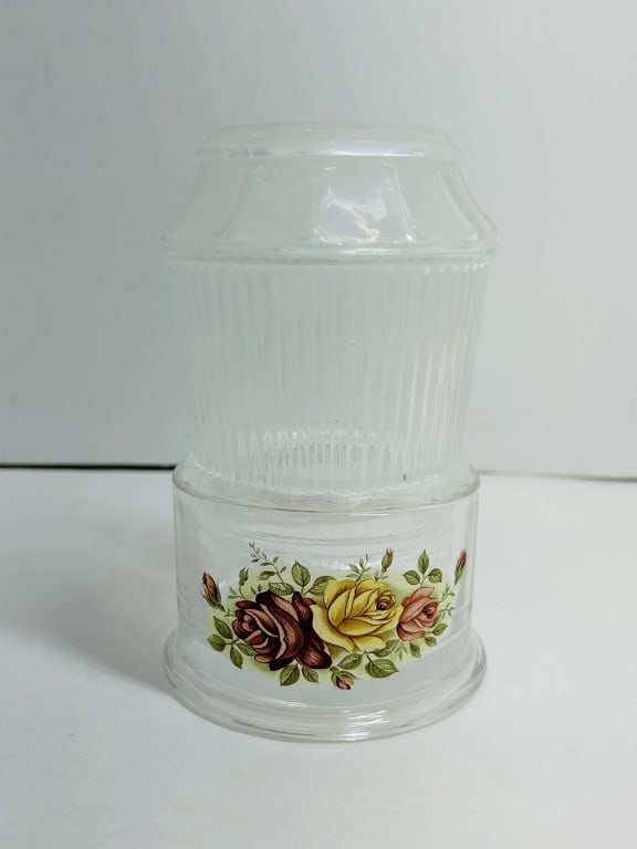 MOSSER GLASS FLORAL FAIRY LIGHT: The set comprises a vertically fluted dome shade and a cylindrical base with a floral rose decal in the Old Country Roses style.
