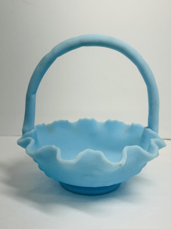 FENTON BLUE SATIN BASKET, 1970S (1 of 6)