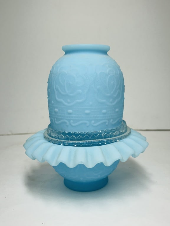 FENTON BLUE SATIN FAIRY LAMP, 1970S: A trio of glass components comprising a ruffled base, clear pressed glass insert, and an embossed dome shade in the Persian Medallion pattern. Fenton mark in an oval is present on the underside of the