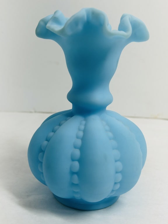FENTON STYLE BLUE SATIN VASE, 1950S (1 of 4)