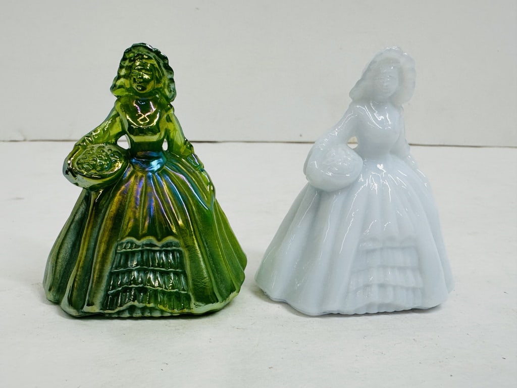 BOYD GLASS FIGURINE TRIO, 1980S: A trio of mold-pressed glass figurines featuring two Southern Belle figures in slag and iridescent finishes and one blue iridescent squirrel. Each piece bears the embossed B-in-diamond mark with a sup