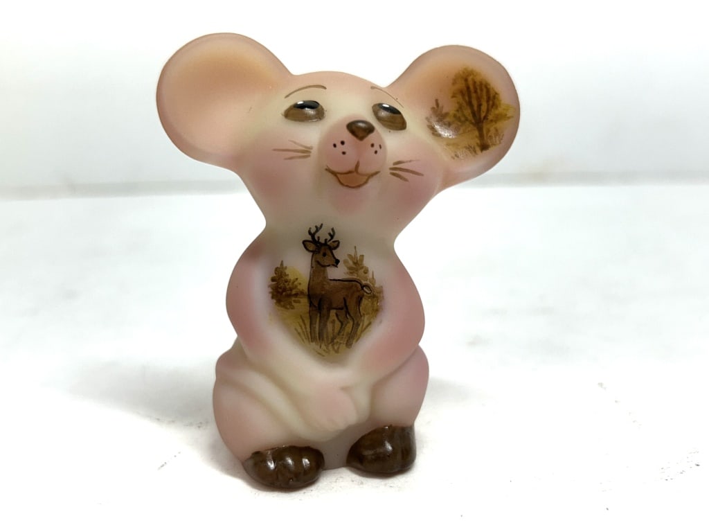 FENTON BURMESE SATIN MOUSE, 2012: Seated Burmese satin glass mouse figurine produced by Fenton Art Glass Company featuring hand-painted woodland decoration. The base is signed and dated 2012 by artist Susan Bryan and includes the numb