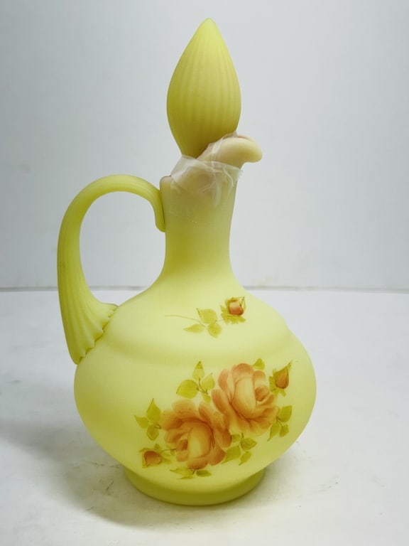 FENTON HAND-PAINTED URANIUM GLASS CRUET, 1970S (1 of 8)