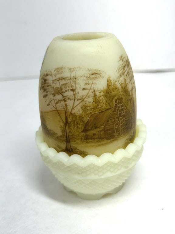 FENTON SATIN CUSTARD FAIRY LAMP, C. 1975 L PIPER (1 of 5)