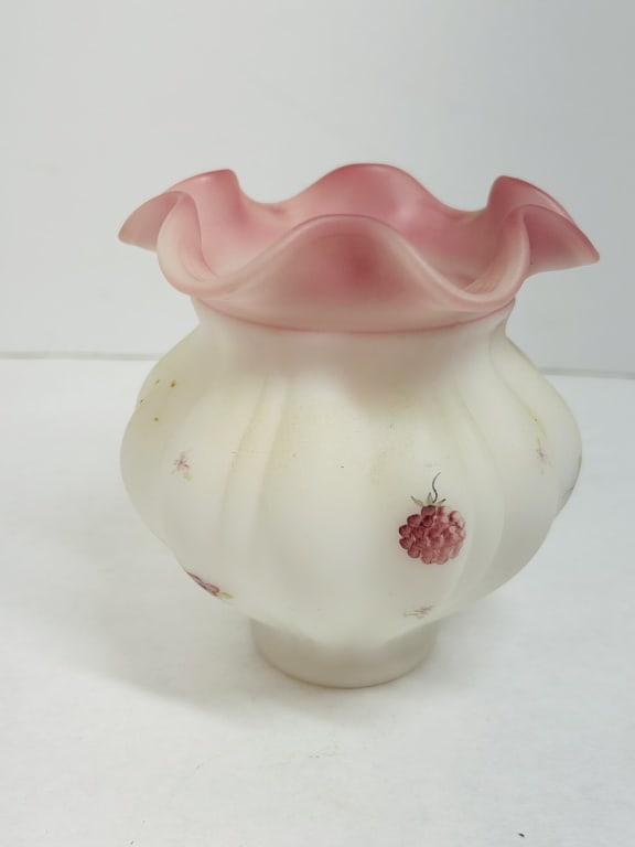 FENTON ROSALENE BERRIES BLOSSOMS VASE, 1980S: Fenton Rosalene satin glass vase in the Berries and Blossoms pattern featuring a lobed body and hand-ruffled rim. The piece is hand-painted and signed by artist Pam Miller on the underside.
