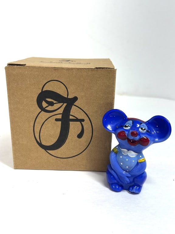 FENTON NFGS COBALT GLASS MOUSE, 2007: Cobalt blue glass seated mouse figurine produced by Fenton Art Glass for the National Fenton Glass Society with hand-painted decoration signed by C. Riggs. The piece features an embossed Fenton mark, 