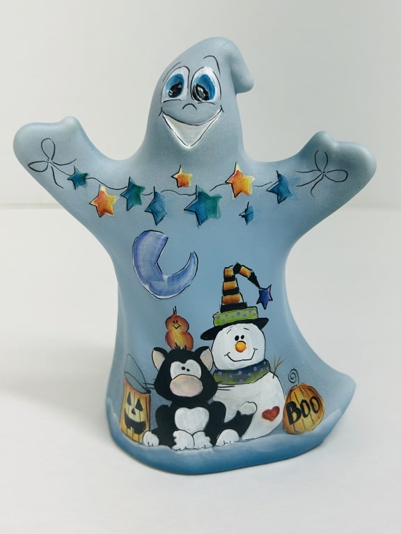 FENTON BLUE SATIN GHOST FIGURINE, 2023: Limited edition hand-painted blue satin glass figurine produced by Fenton Art Glass Company. The piece features a festive Halloween landscape and is signed on the interior rim by artist Kim Barley, da