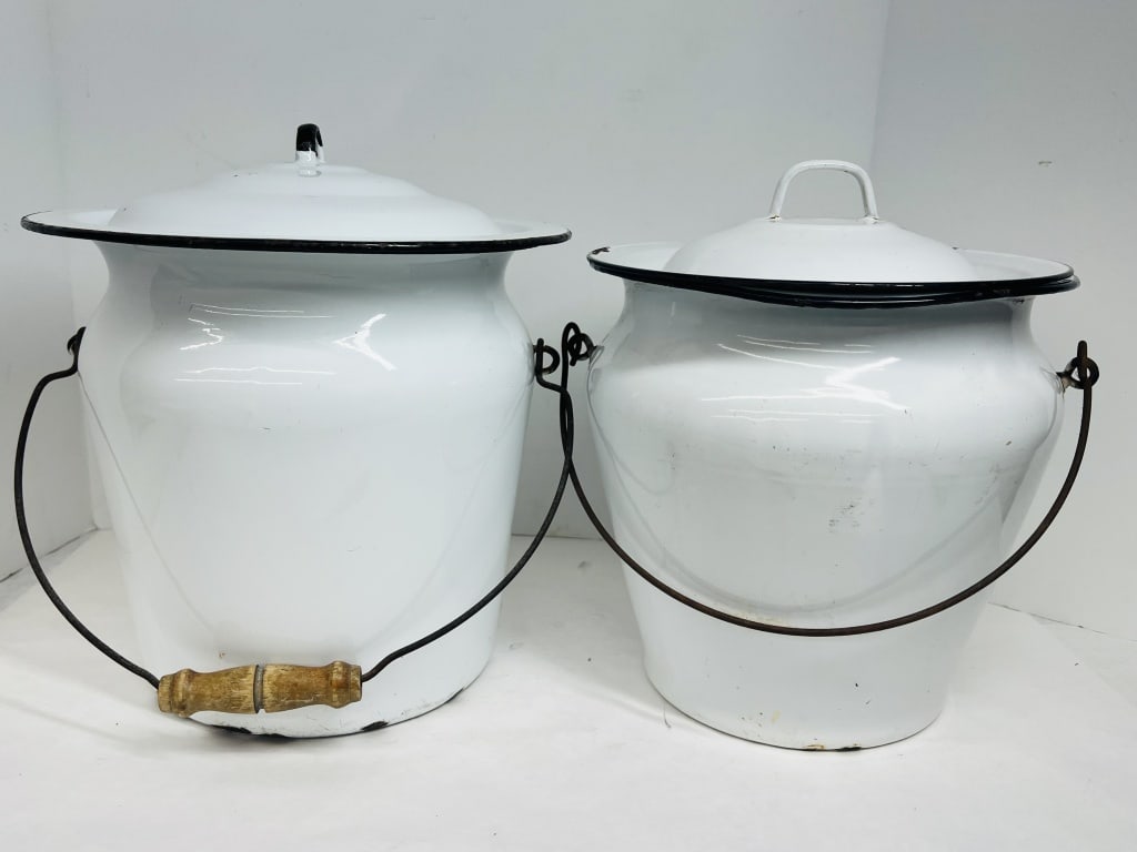 TWO WHITE ENAMELWARE CHAMBER BUCKETS, CIRCA 1900 (1 of 5)