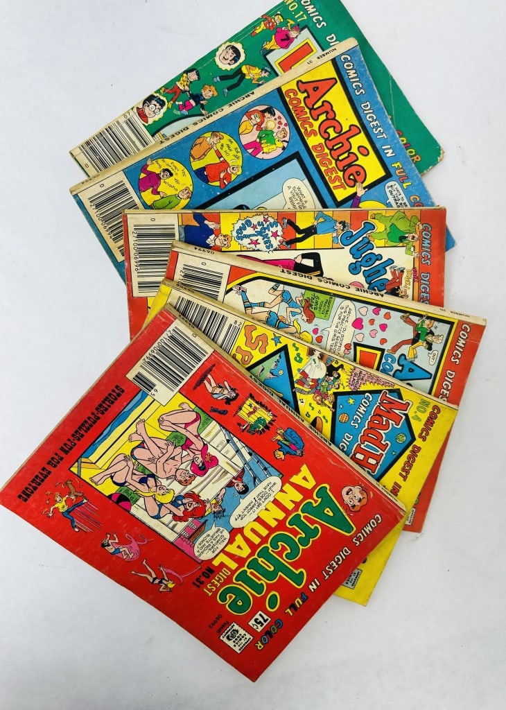ARCHIE PUBLICATIONS, SIX VINTAGE DIGESTS, 1970S: Grouping of six Archie Comic Publications digest-sized books issued between 1978 and 1979 under Fawcett distribution. Titles include Archie Annual Digest, MadHouse Comics Digest, Jughead with Archie, 