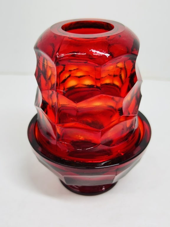 MOSSER X BLACK CAT VINTAGE FAIRY LAMP: Two-piece ruby glass fairy lamp produced by the Bischoff Glass Company. This amberina-toned vessel features a pressed hexagonal honeycomb pattern and retains its original gold foil label.