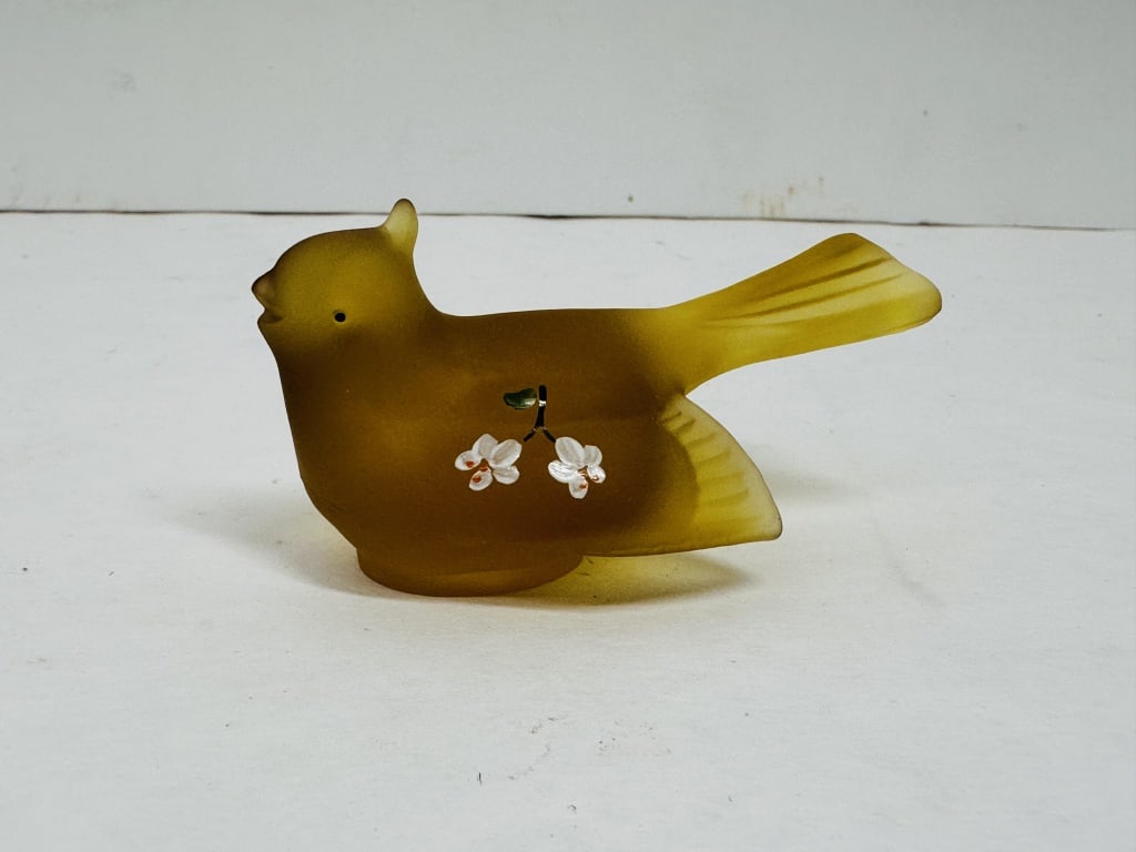 MOSSER AMBER SATIN BIRD FIGURINE: Mosser Glass Company bird figurine crafted in amber satin glass with hand-painted floral accents. Molded maker marks are visible on the wing and base.
