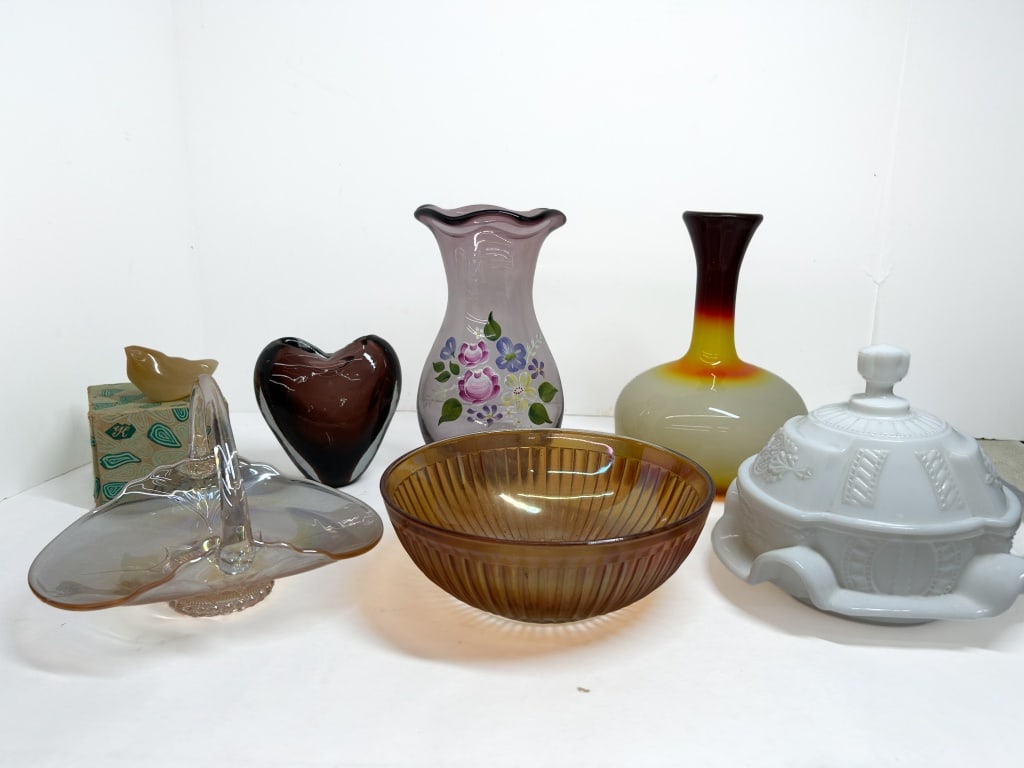 IMPERIAL GLASS AND ASSORTED ART GLASS: An assortment of decorative objects featuring a marigold carnival glass bowl produced by Imperial Glass Company for the Bellaire Good Will Tour. The collection includes a milk glass covered dish, an a