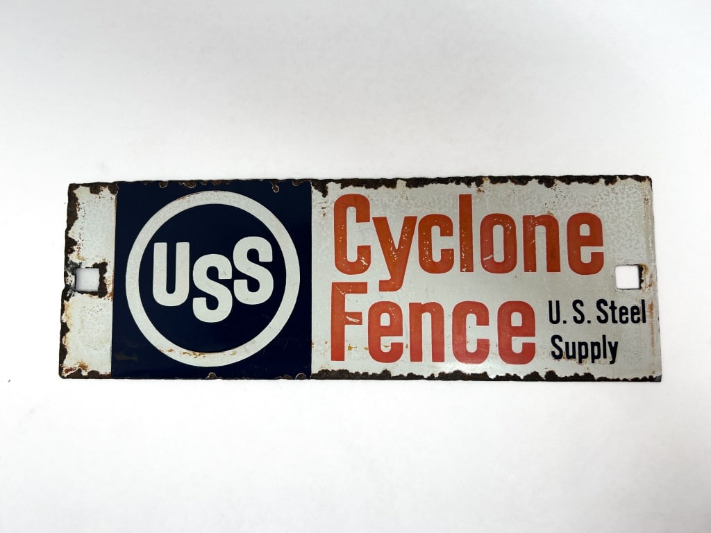 USS CYCLONE FENCE PORCELAIN SIGN, 1950S: Porcelain enamel over steel advertising sign manufactured for the Cyclone Fence division of United States Steel. The vertical layout features the corporate USS logo and orange block lettering.