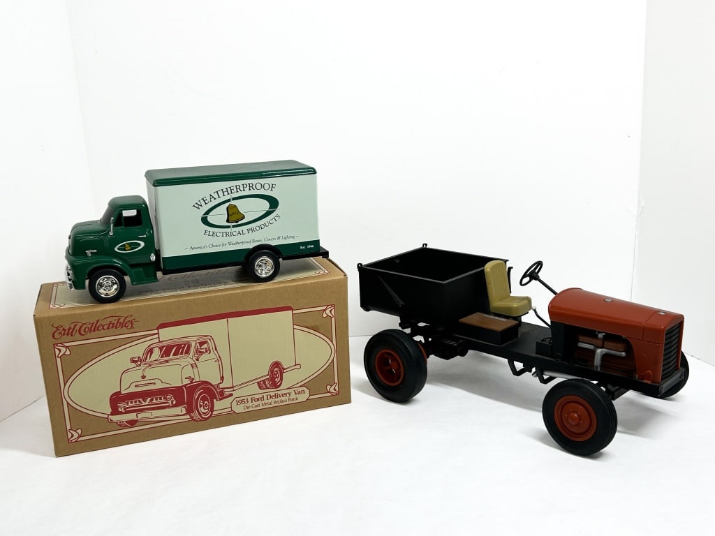 ERTL DIE-CAST TRUCK AND TRACTOR, 2000: Ertl die-cast Hubbell Bell delivery van and Pennzoil utility tractor. The commemorative bank includes its original illustrated box, and the tractor features a functioning manual tipping mechanism.