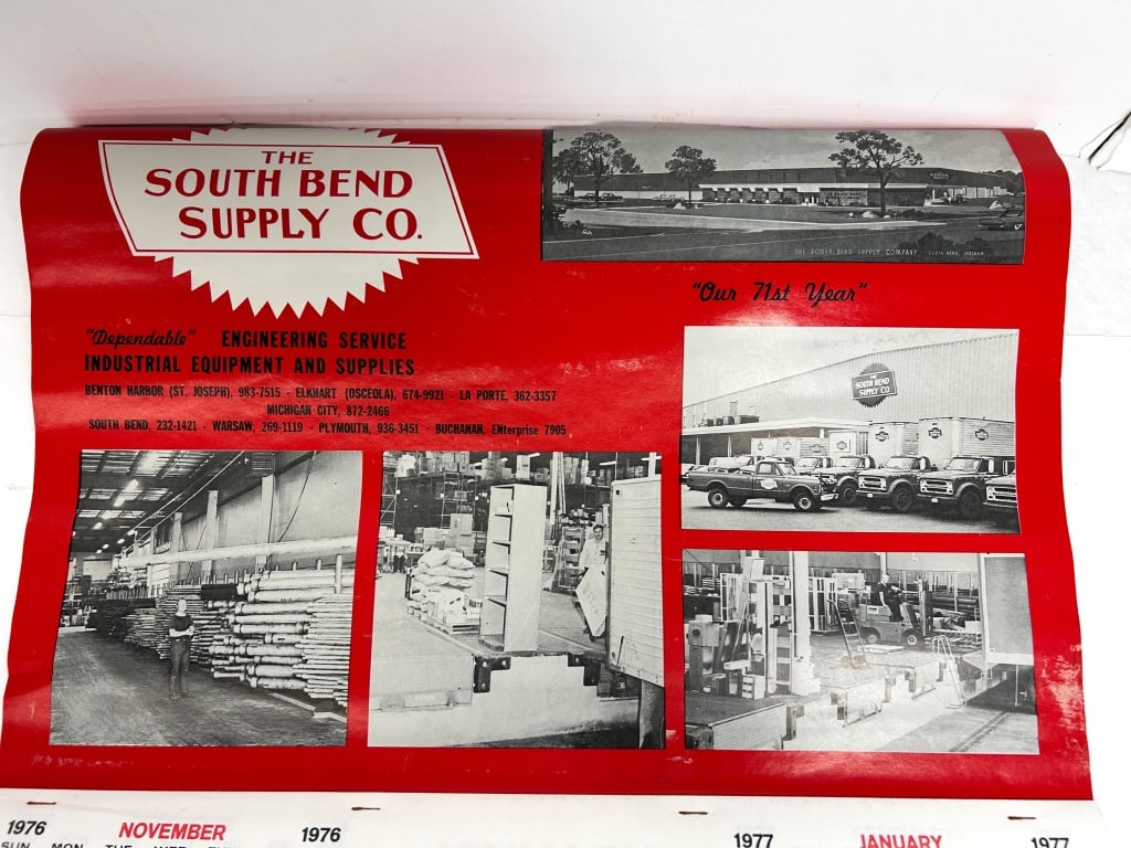 THE SOUTH BEND SUPPLY CO. INDUSTRIAL CALENDAR, 1976: Vintage industrial advertising wall calendar issued by The South Bend Supply Co. of South Bend, Indiana. Features six monochromatic photographs illustrating warehouse logistics and fleet operations to