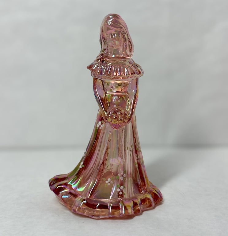FENTON IRIDESCENT PINK GLASS BRIDESMAID: Fenton Art Glass bridesmaid figurine in iridized pink glass. This piece features hand-painted floral enamel decorations and bears the hand-etched signature of Fenton decorator Kim Henke on the