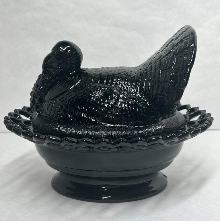 MOSSER EBONY GLASS TURKEY DISH: Mosser Glass Company ebony glass covered turkey dish. This two-part construction features a molded lid with the maker's mark M inside a circle on the interior, resting on a matching basket-form base w