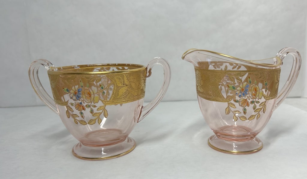 LOTUS PINK GLASS CREAMER AND SUGAR, CIRCA 1930 (1 of 6)