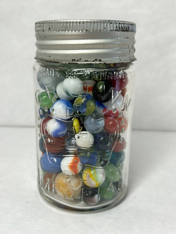 CROWN GLASS JAR AND MARBLES (1 of 10)