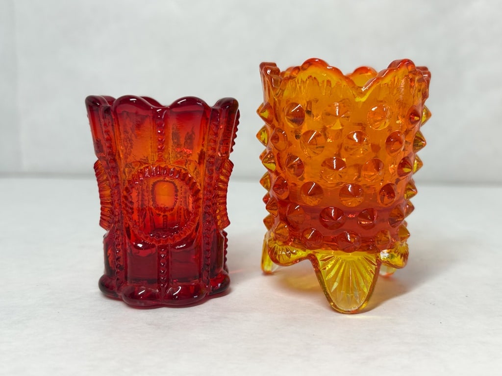 TWO AMBERINA GLASS TOOTHPICK HOLDERS, MID-20TH CENTURY (1 of 14)