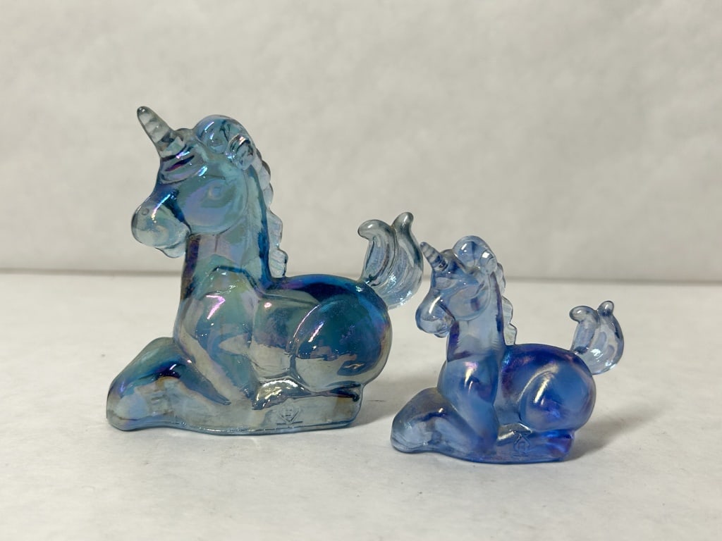 PAIR OF IRIDESCENT BLUE GLASS UNICORNS (1 of 4)