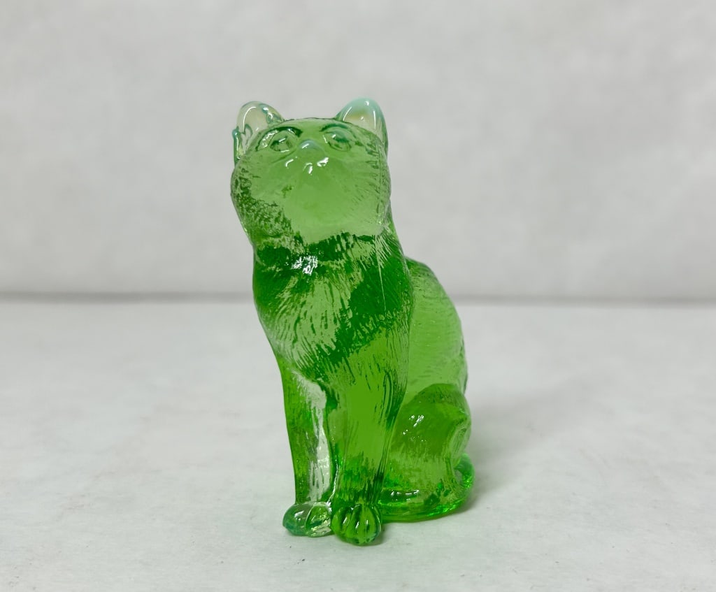MOSSER SITTING CAT GREEN GLASS CAT: Marked with logo