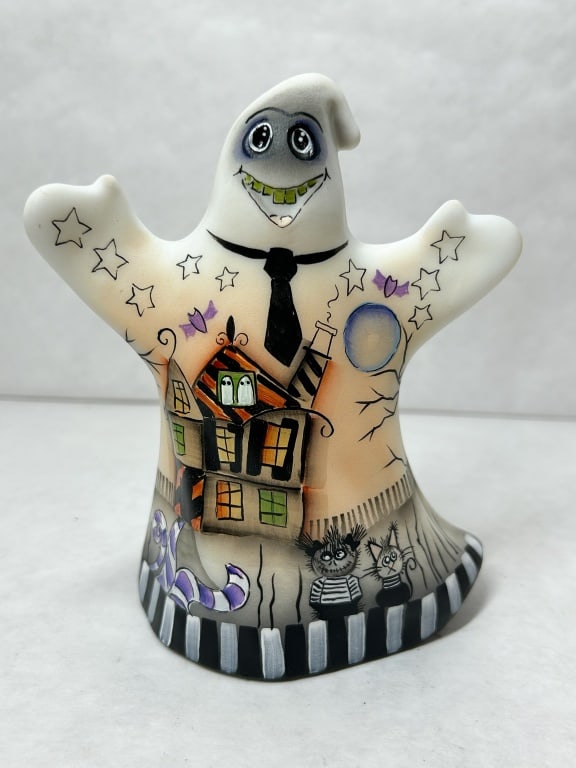 FENTON PAINTED GLASS GHOST 2024 BARLEY: Fenton Art Glass ghost figurine hand-painted by Kim Barley in 2024. An embossed oval mark reading FENTON is visible on the reverse and interior base, which also features a hand-signed signature, date,