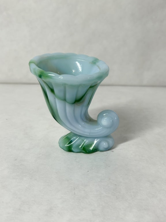 BLUE AND GREEN SLAG GLASS CORNUCOPIA (1 of 6)