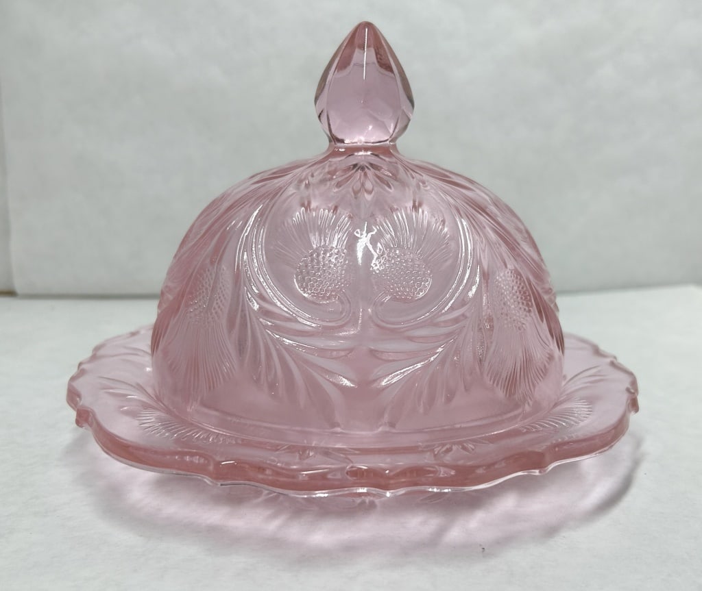 MOSSER INVERTED THISTLE PINK GLASS BUTTER DISH (1 of 6)