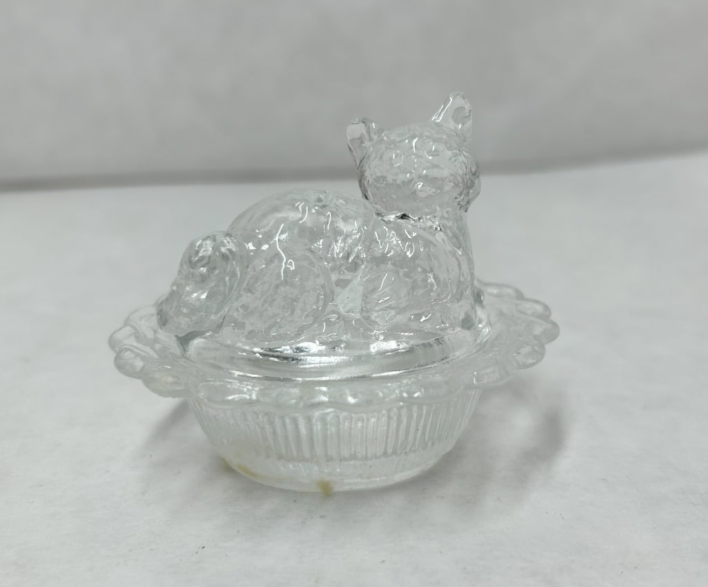 CLEAR PRESSED GLASS CAT ON NEST (1 of 8)