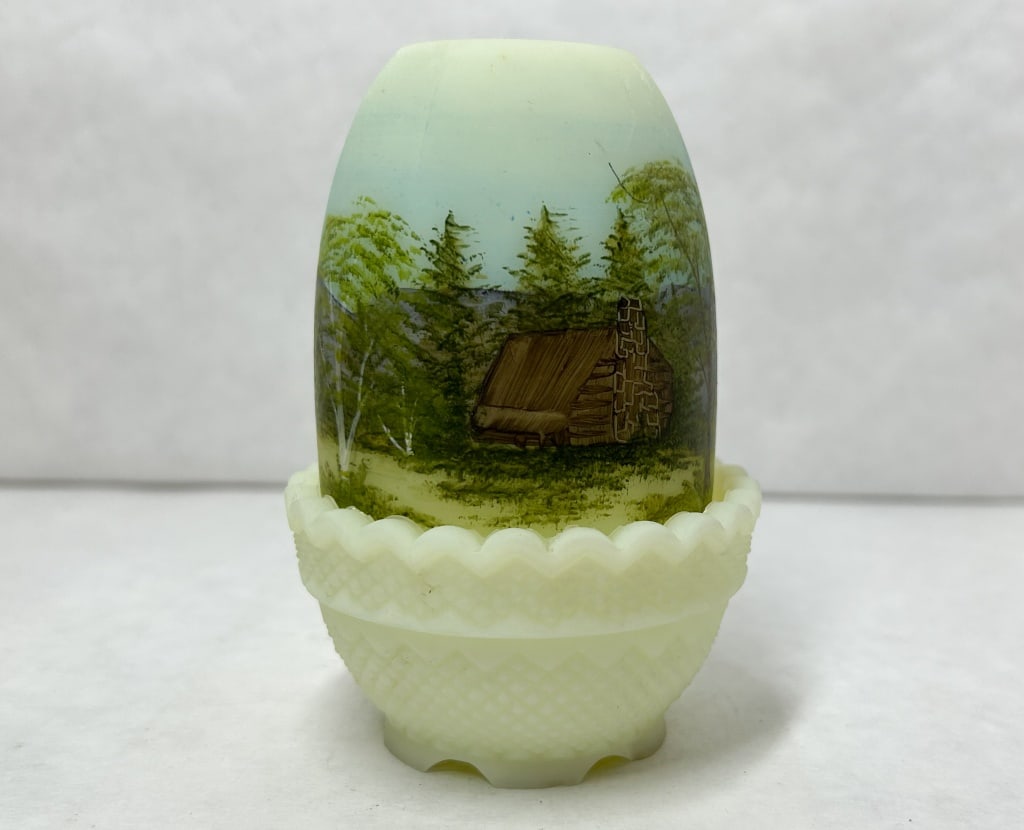 HAND-PAINTED CUSTARD GLASS FAIRY LAMP, 1976 (1 of 9)