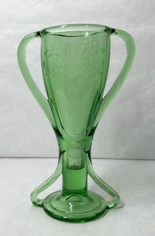 THREE-HANDLED GREEN ETCHED GLASS VASE, C. 1930 (1 of 3)