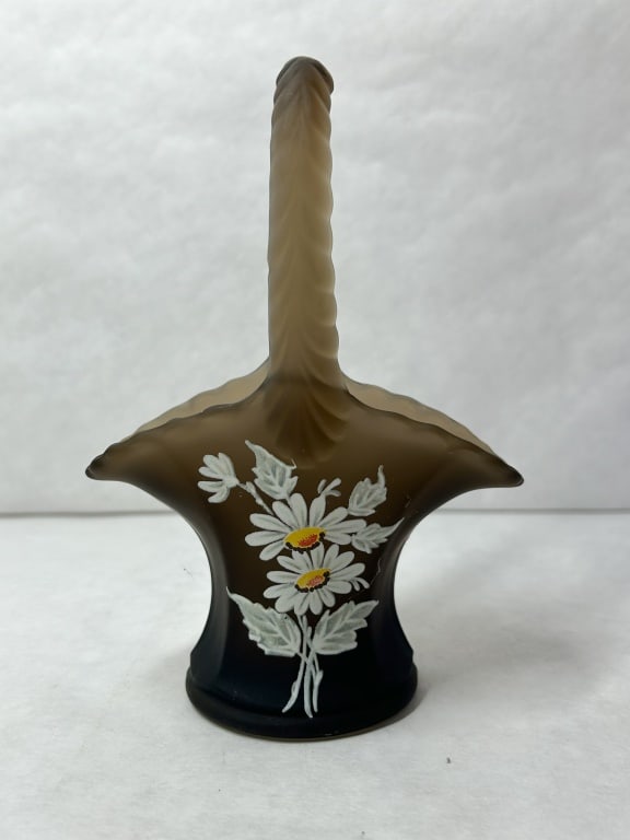 HAND PAINTED BROWN SATIN BASKET: This hand-painted satin glass basket features daisy motifs on a translucent smoky brown ground. The underside of the base bears an embossed monogram consisting of the characters W and M superimposed w